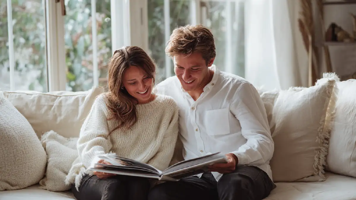 Couple lisant un livre de photos de mariage