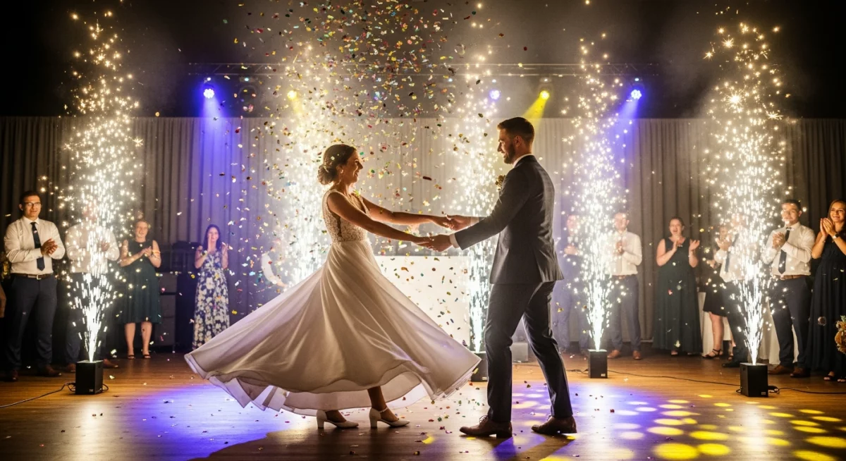 Mariés s'amusant lors d'une chorégraphie originale avec jets de scène colorés et invités applaudissant joyeusement autour de la piste de danse