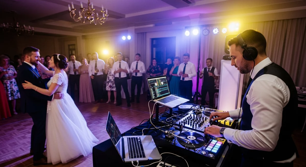 Couple de mariés dansant leur ouverture de bal entourés d'invités émus