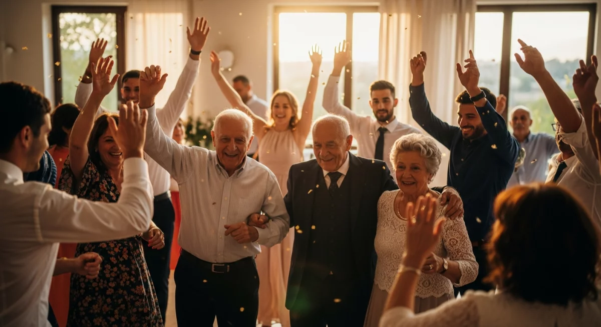 Piste de danse remplie d'invités de tous âges dansant ensemble lors d'un mariage