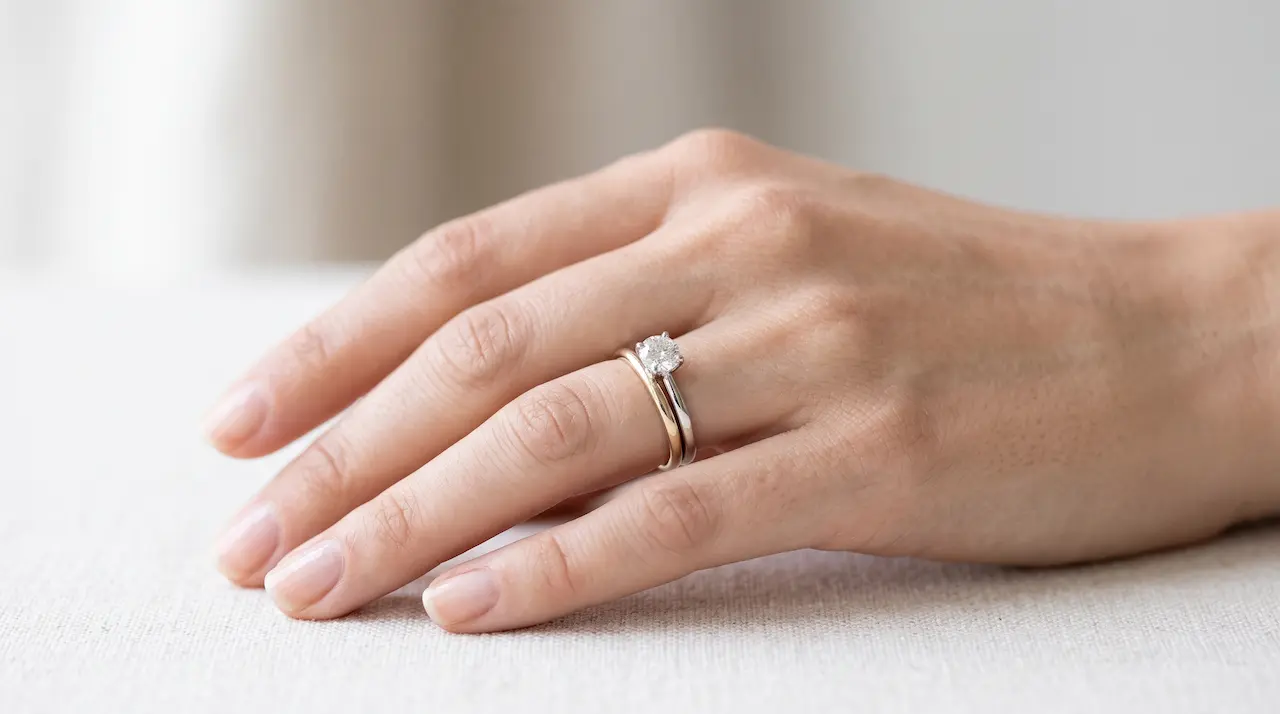 Photo professionnelle d'une main féminine portant une alliance fine et une bague de fiançailles solitaire superposées à l'annulaire gauche, arrière-plan flou neutre et clair, éclairage naturel doux, style éditorial joaillier, format 16:9