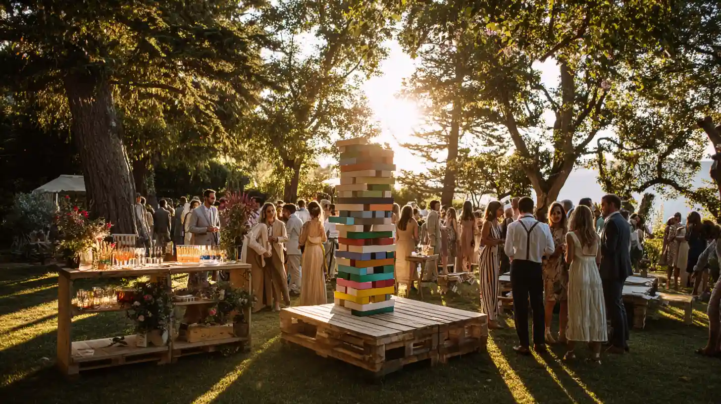 Vue large d’un vin d’honneur de mariage en plein air dans un jardin fleuri, invités souriants en tenues élégantes rassemblés autour de jeux en bois géants et d’un bar à cocktails, lumière dorée de fin d’après-midi, ambiance festive et chaleureuse