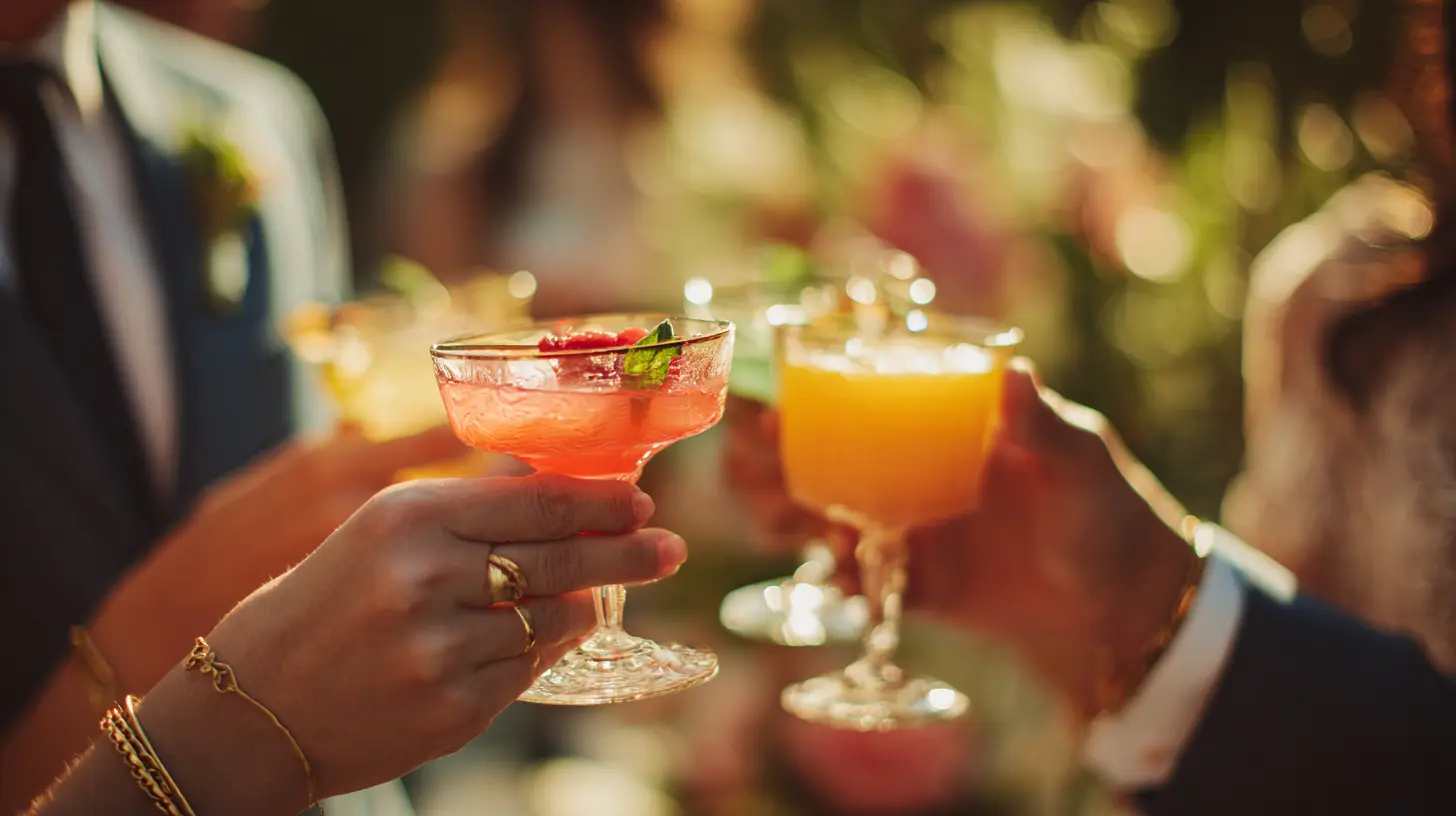 Gros plan sur des mains d’invités tenant des verres à cocktail colorés, bijoux dorés et manchettes de costume visibles, fond flou de jardin fleuri et lumière naturelle chaude