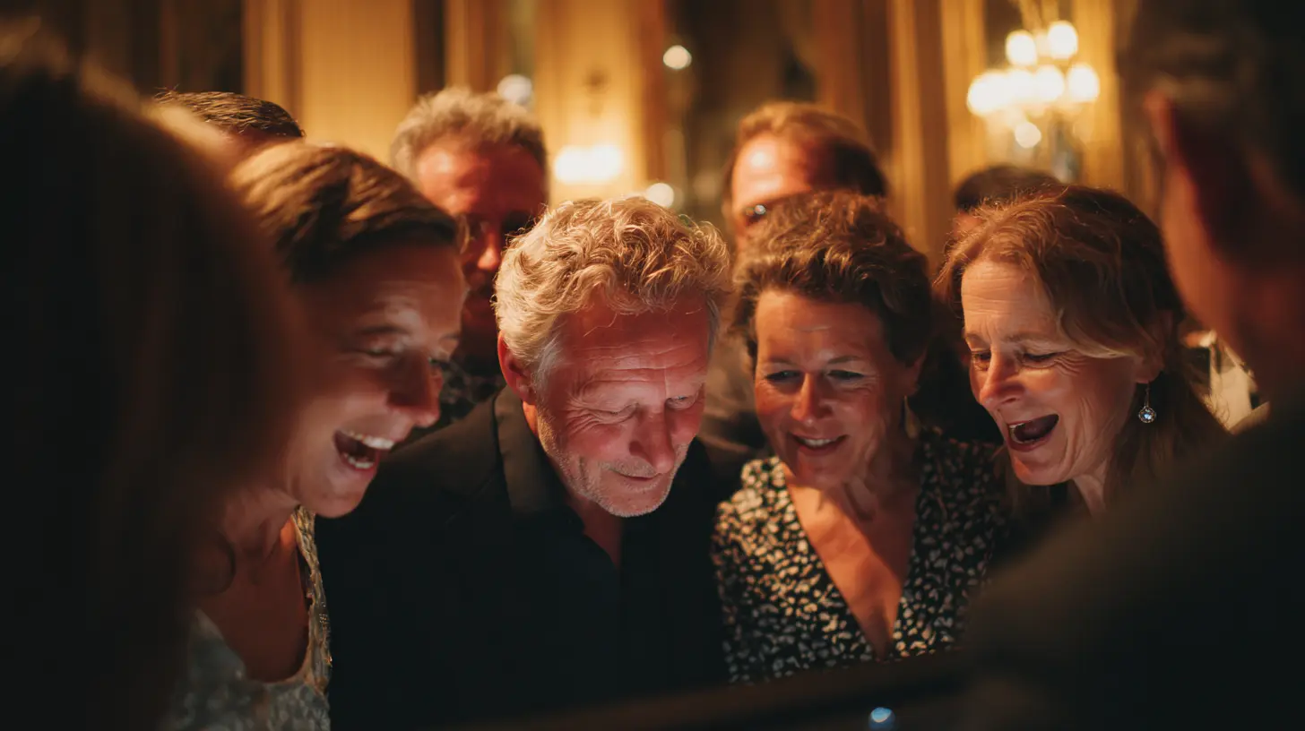 Groupe d’invités réunis autour d’un magicien de close-up pendant un cocktail de mariage en intérieur, expressions de surprise et de rires, lumière chaude et tamisée, ambiance conviviale et élégante