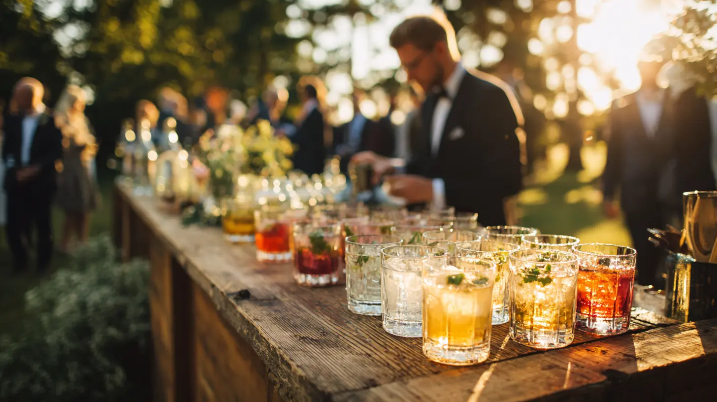 Vue en plongée sur un bar à cocktails de mariage en extérieur, verres colorés alignés sur un comptoir en bois brut, bartender préparant un cocktail signature, invités élégants en arrière-plan flou, lumière dorée de fin de journée