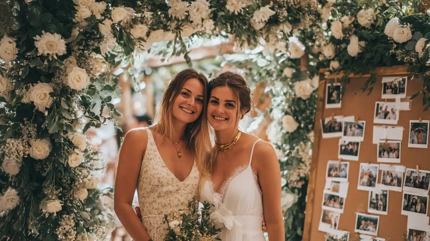 Espace photobooth de mariage champêtre installé sous une arche de roses blanches et feuillage, polaroïds épinglés sur un tableau de liège, deux invitées souriantes posant avec des accessoires dorés, lumière naturelle douce