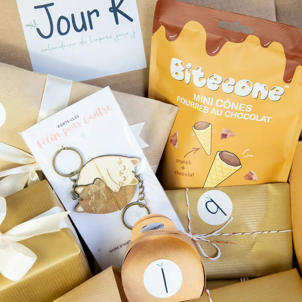 Contenu calendrier de l'après mariage Jour K : mini cônes Bitecone et porte-clé Félin pour l'autre