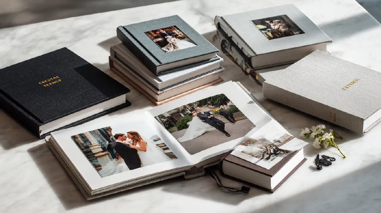 COuple feuilletant un album de photos de mariage