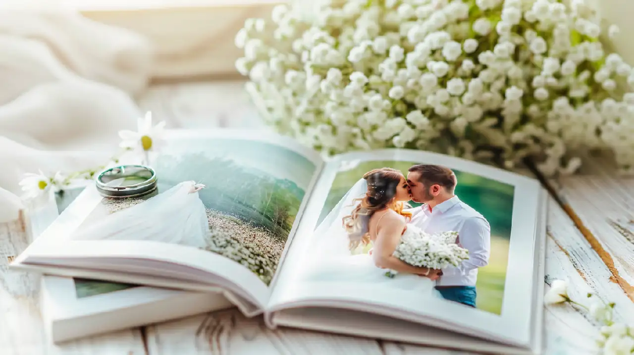 Couple lisant un livre de photos de mariage