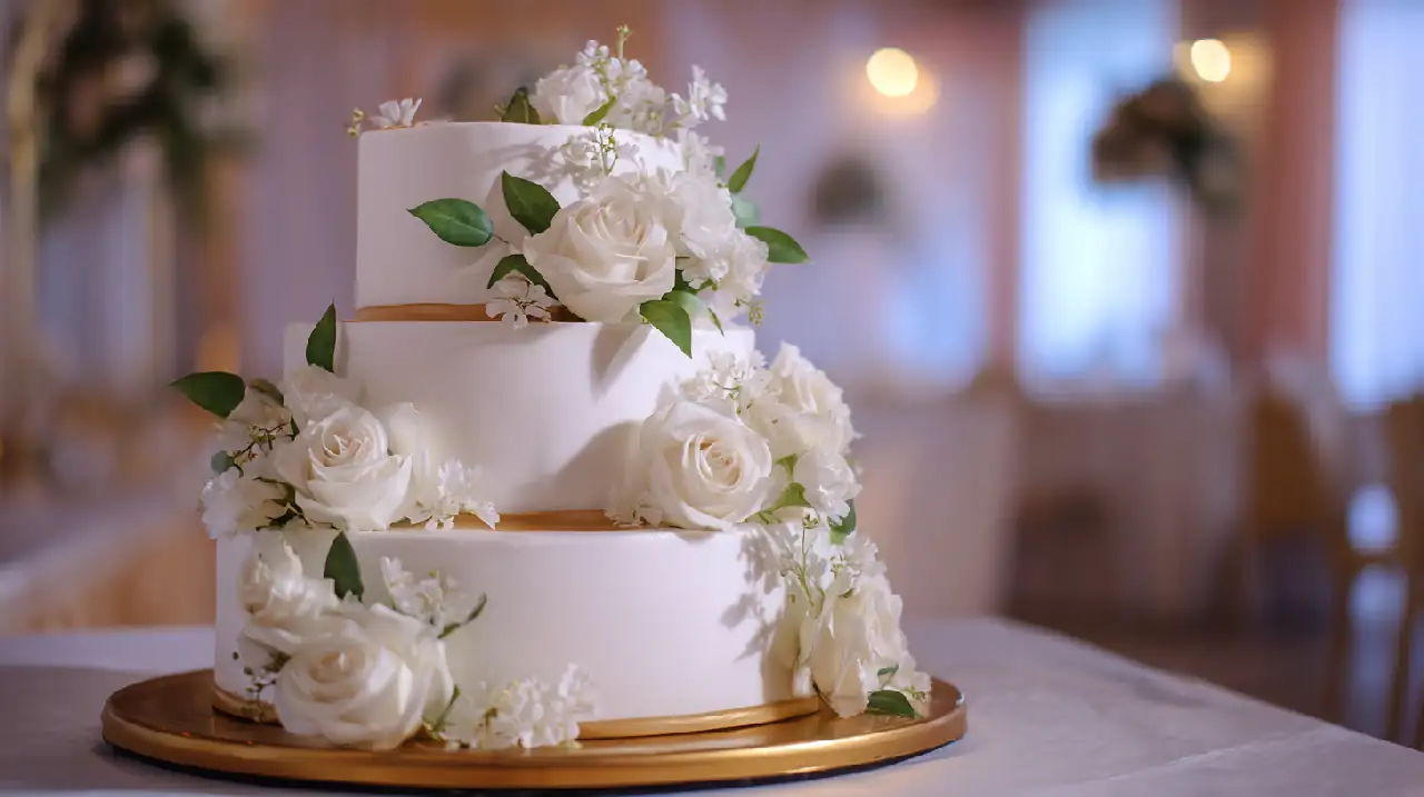 Gros plan artistique sur la découpe du gâteau de mariage par les jeunes mariés, mains élégantes tenant ensemble un couteau décoré de ruban satin, gâteau à étages avec décoration florale délicate, ambiance chaleureuse et émotionnelle, éclairage tamisé de bougies, style documentaire mariage haut de gamme, bokeh romantique en arrière-plan, format 16:9