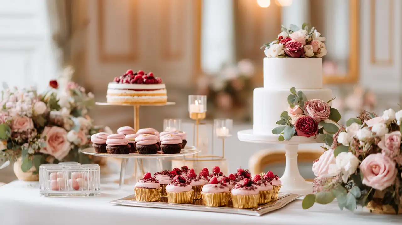 Table de présentation luxueuse avec assortiment de gâteaux de mariage : pièce montée traditionnelle, naked cake aux fruits rouges, cupcakes élégants disposés en pyramide, et wedding cake moderne aux lignes épurées, décoration florale harmonieuse avec roses et eucalyptus, plateau argenté et présentoirs en verre, lumière naturelle douce, style catalogue pâtisserie premium, ambiance raffinée et gourmande, format 16:9