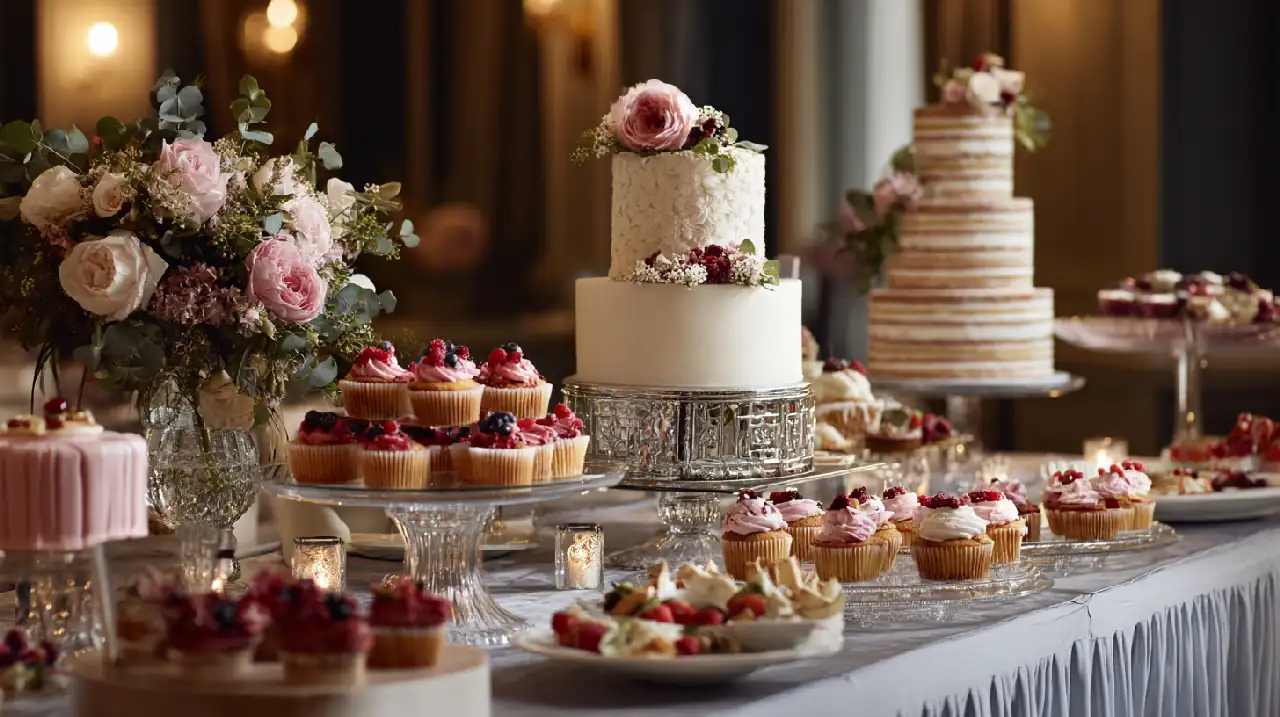 Table de présentation luxueuse avec assortiment de gâteaux de mariage : pièce montée traditionnelle, naked cake aux fruits rouges, cupcakes élégants disposés en pyramide, et wedding cake moderne aux lignes épurées, décoration florale harmonieuse avec roses et eucalyptus, plateau argenté et présentoirs en verre, lumière naturelle douce, style catalogue pâtisserie premium, ambiance raffinée et gourmande, format 16:9
