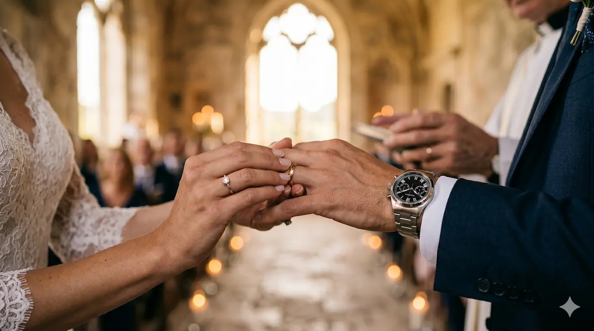 Photo professionnelle d'un couple échangeant les alliances pendant une cérémonie de mariage, plan rapproché sur les mains et le poignet du marié laissant entrevoir sa montre, ambiance émotive et lumineuse, éclairage naturel de cérémonie en intérieur, style documentaire raffiné
