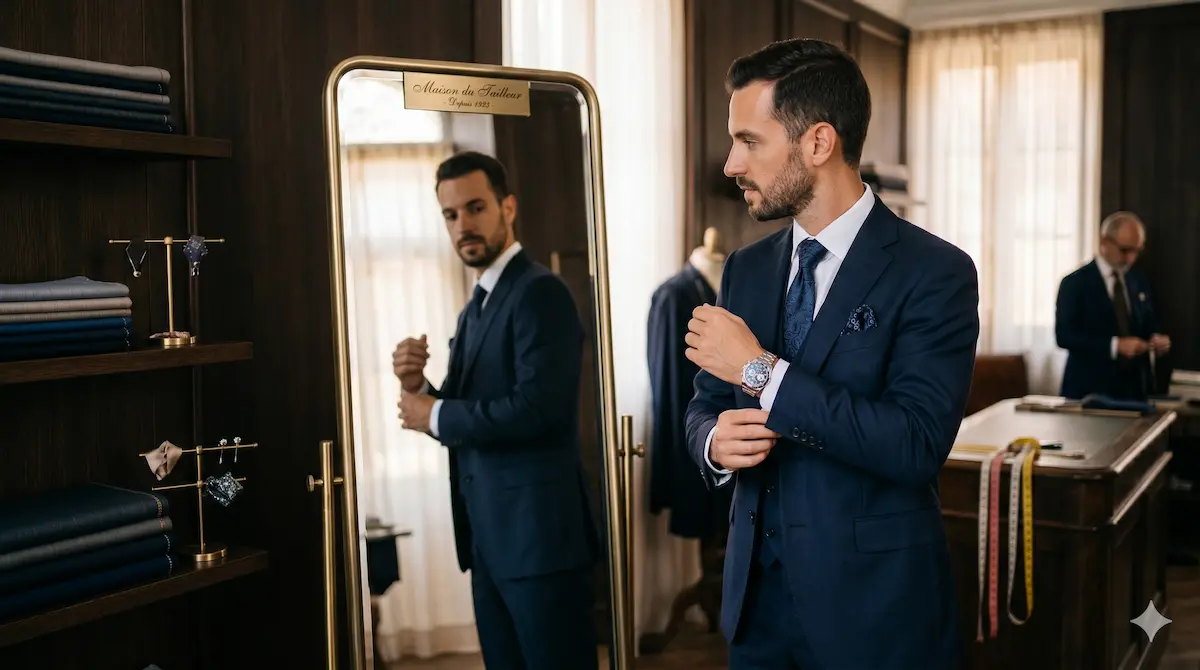 Photo professionnelle d'un marié en costume trois-pièces ajustant sa manchette, montre visible au poignet, debout devant un miroir en boutique, ambiance sobre et raffinée, éclairage naturel doux, style éditorial mode masculine, format 16:9
