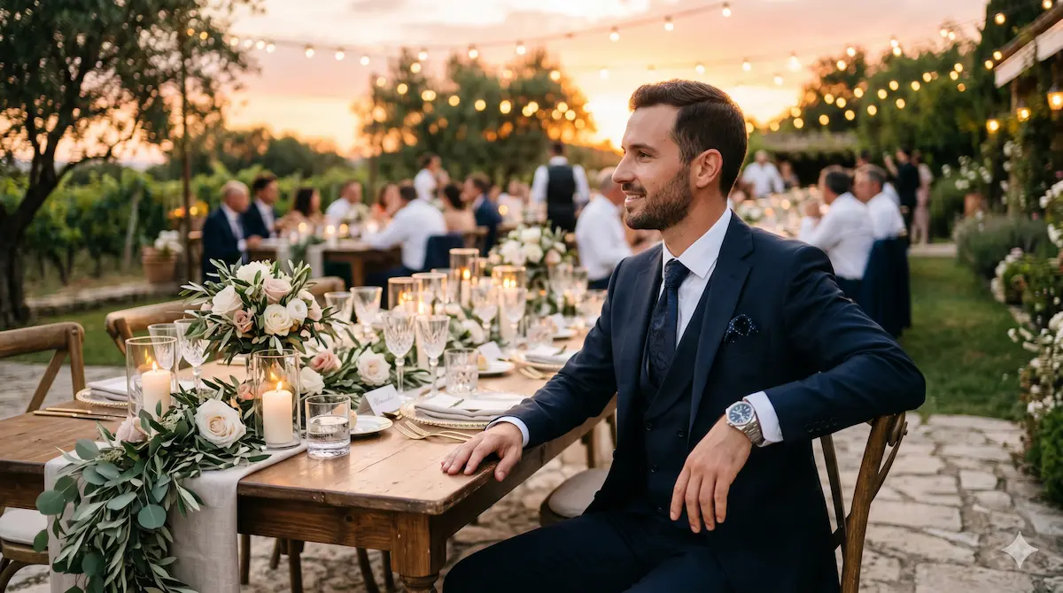 Photo professionnelle d'une table de réception de mariage en extérieur avec un marié assis de profil, bras posé sur la table laissant apparaître sa montre et son costume sombre, ambiance chaleureuse de fin de journée, éclairage doré du coucher de soleil, style élégant et naturel