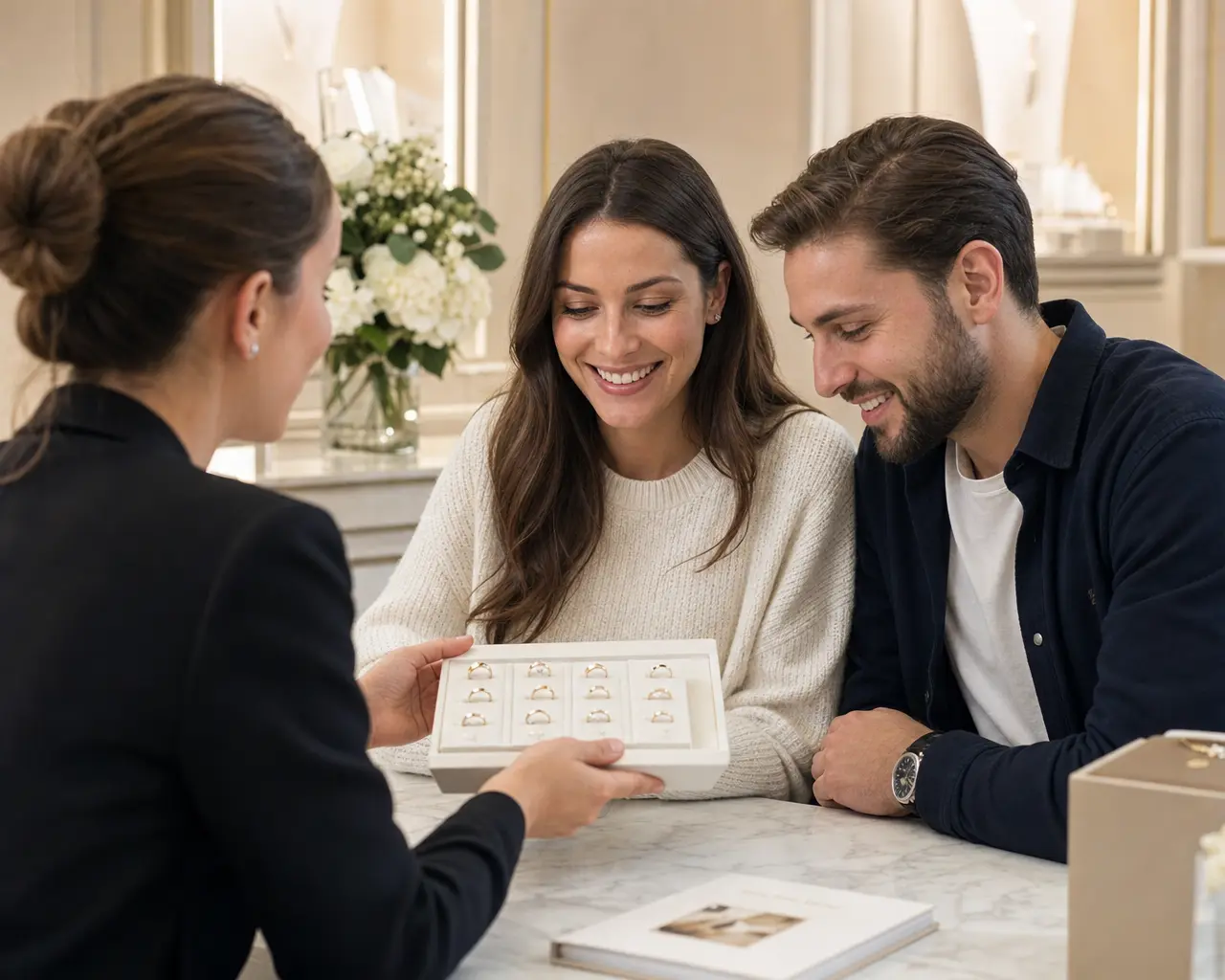 Photo professionnelle d'une conseillère en boutique de mariage présentant plusieurs modèles d'alliances à un couple souriant assis en face d'elle, ambiance chaleureuse et intime, décor clair et élégant, éclairage intérieur naturel, style authentique et humain, format 16:9