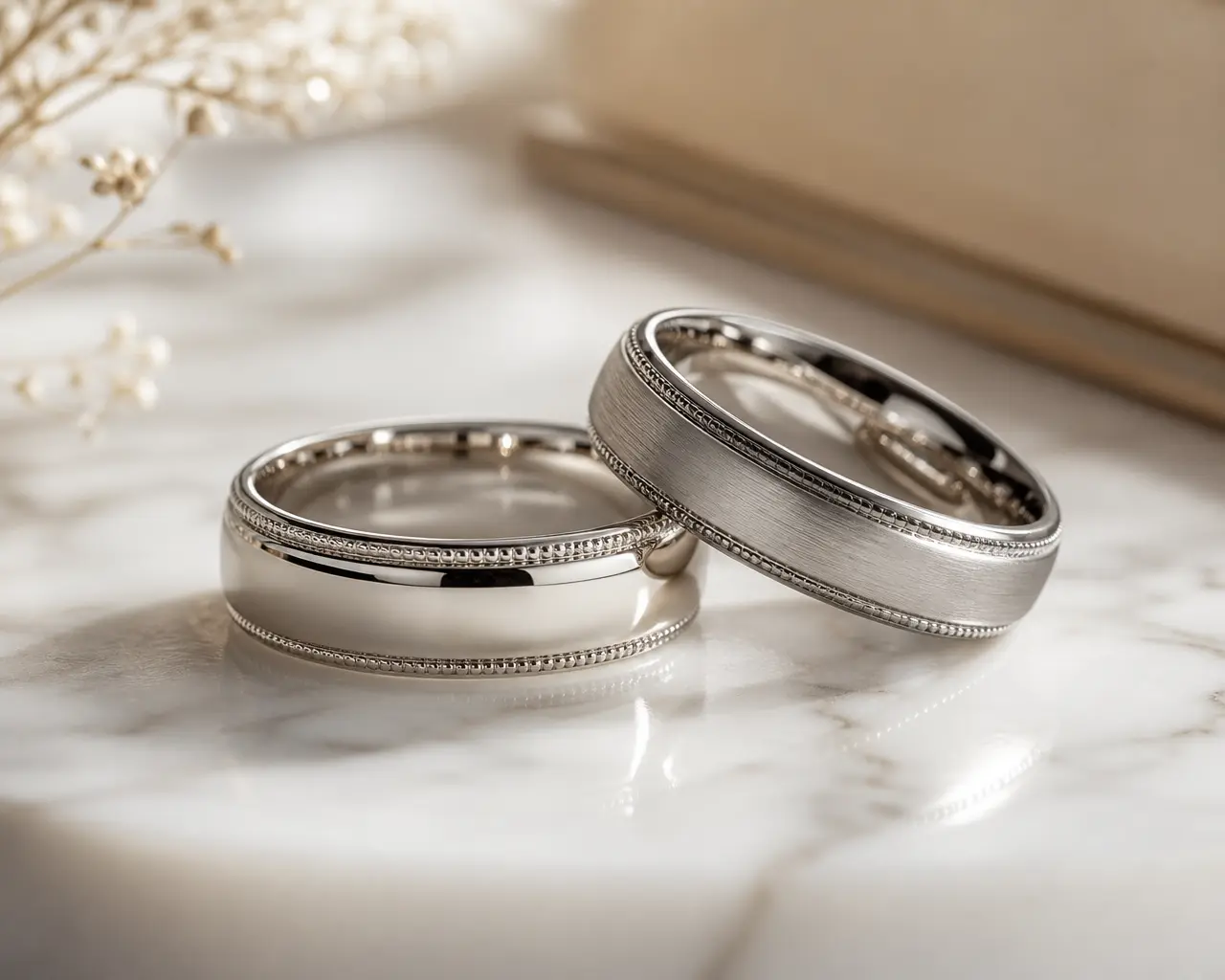 Photo professionnelle d'une paire d'alliances de mariage, l'une en or blanc, l'autre en platine, posées sur une surface en marbre blanc poli, ambiance épurée et haut de gamme, éclairage naturel doux provenant d'une fenêtre latérale, style éditorial joaillier, format 16:9
