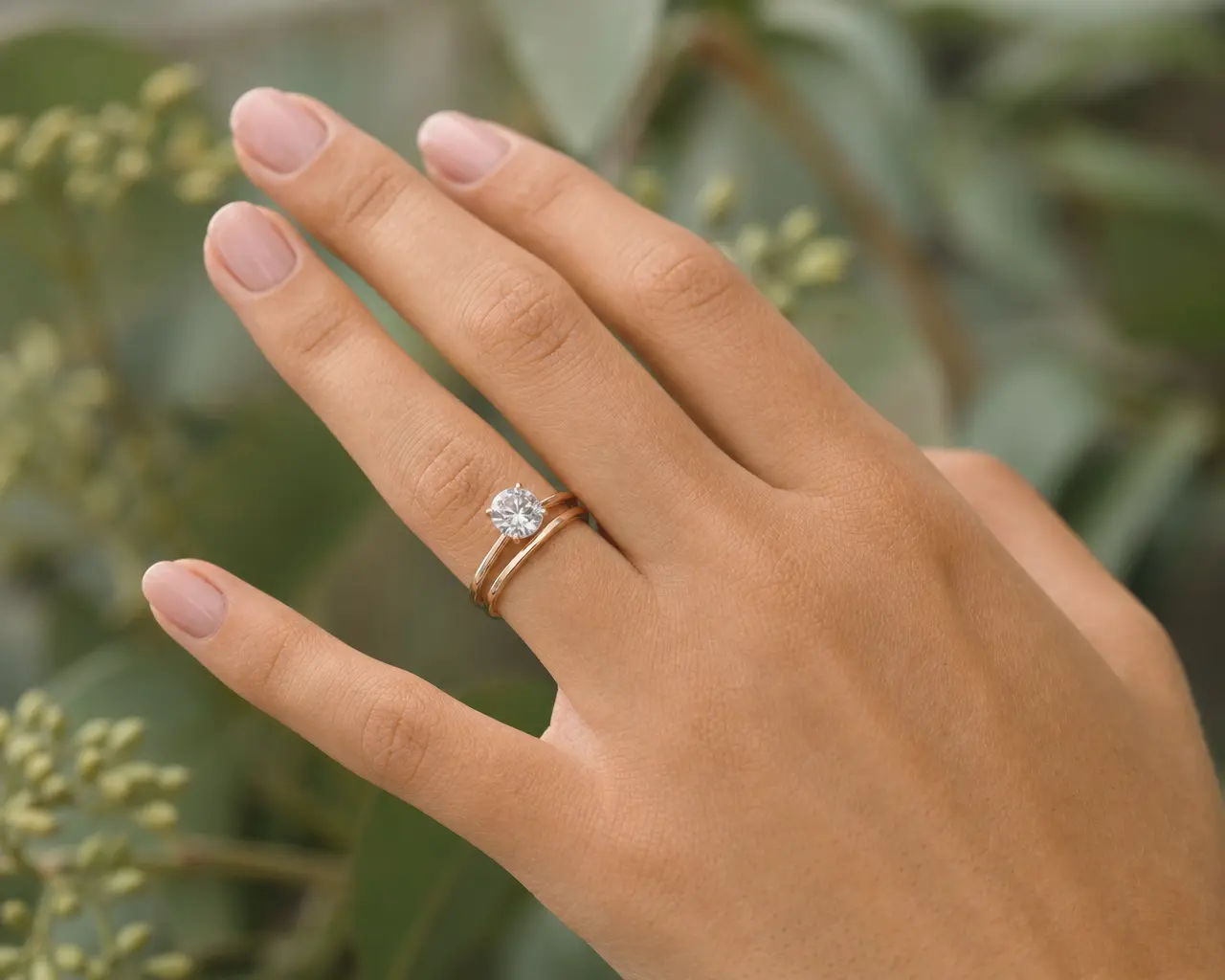 Photo professionnelle d'une main féminine portant une alliance fine en or rose et une bague de fiançailles solitaire, bague portée ensemble à l'annulaire gauche, arrière-plan flou végétal en vert doux, éclairage naturel, style romantique et moderne, format 16:9