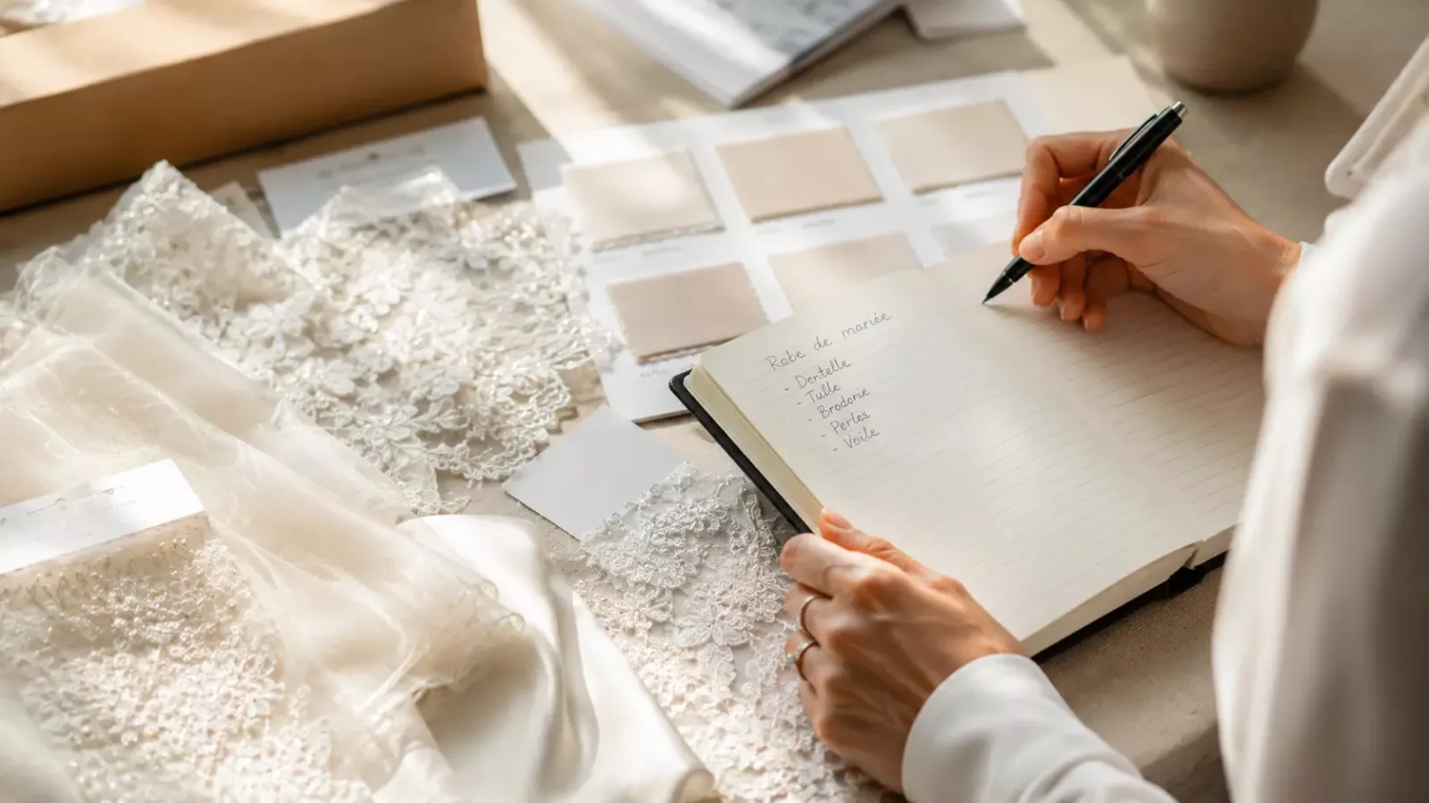 Photo professionnelle en plan serré de mains tenant un carnet et un stylo près d'échantillons de tissus de robe de mariée, ambiance organisée et soignée, éclairage naturel latéral, style épuré et raffiné