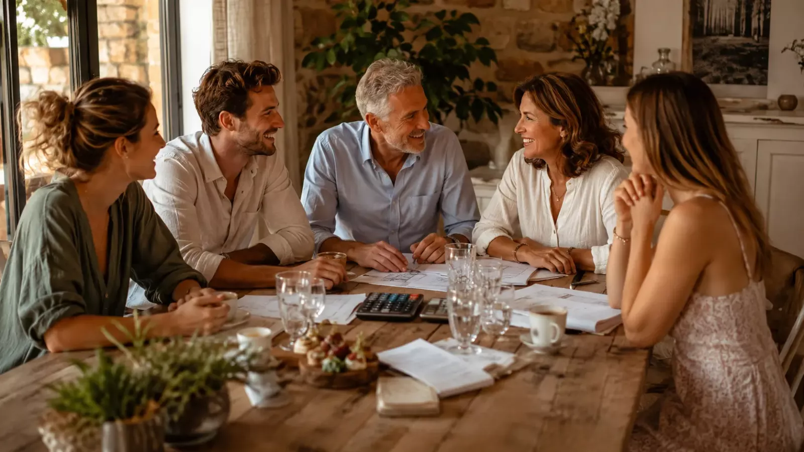 Photo professionnelle d'une famille réunie autour d'une table en bois lors d'un repas de préparatifs de mariage, papiers et calculatrice discrètement posés sur la table, ambiance chaleureuse et complice, éclairage naturel doux de fin de journée, style authentique et élégant