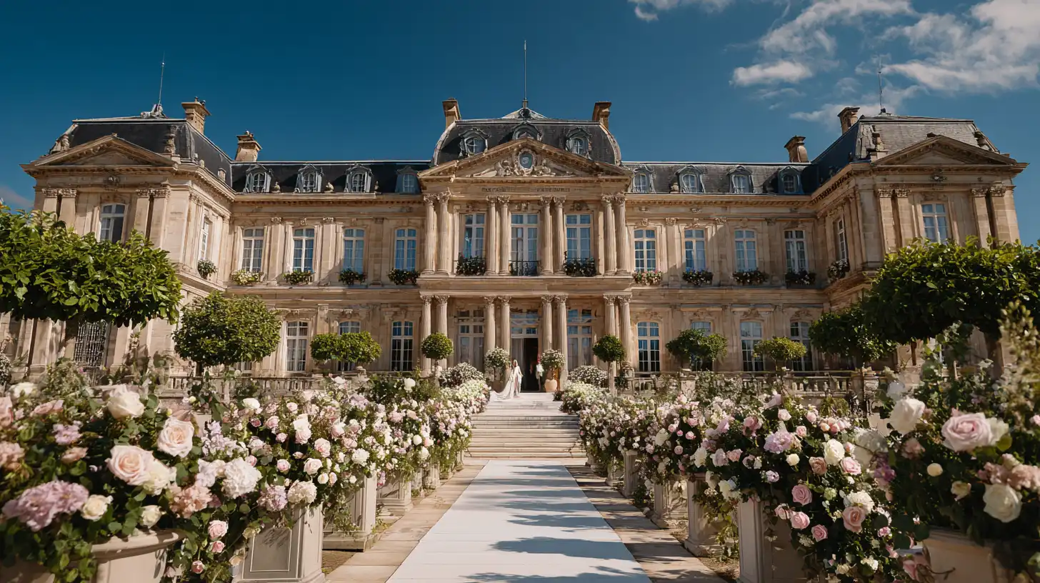 Façade majestueuse d'un château classique en pierre sous un ciel bleu, avec une allée centrale bordée d'abondants massifs de roses roses et blanches menant à un escalier d'honneur où se tient un couple de mariés