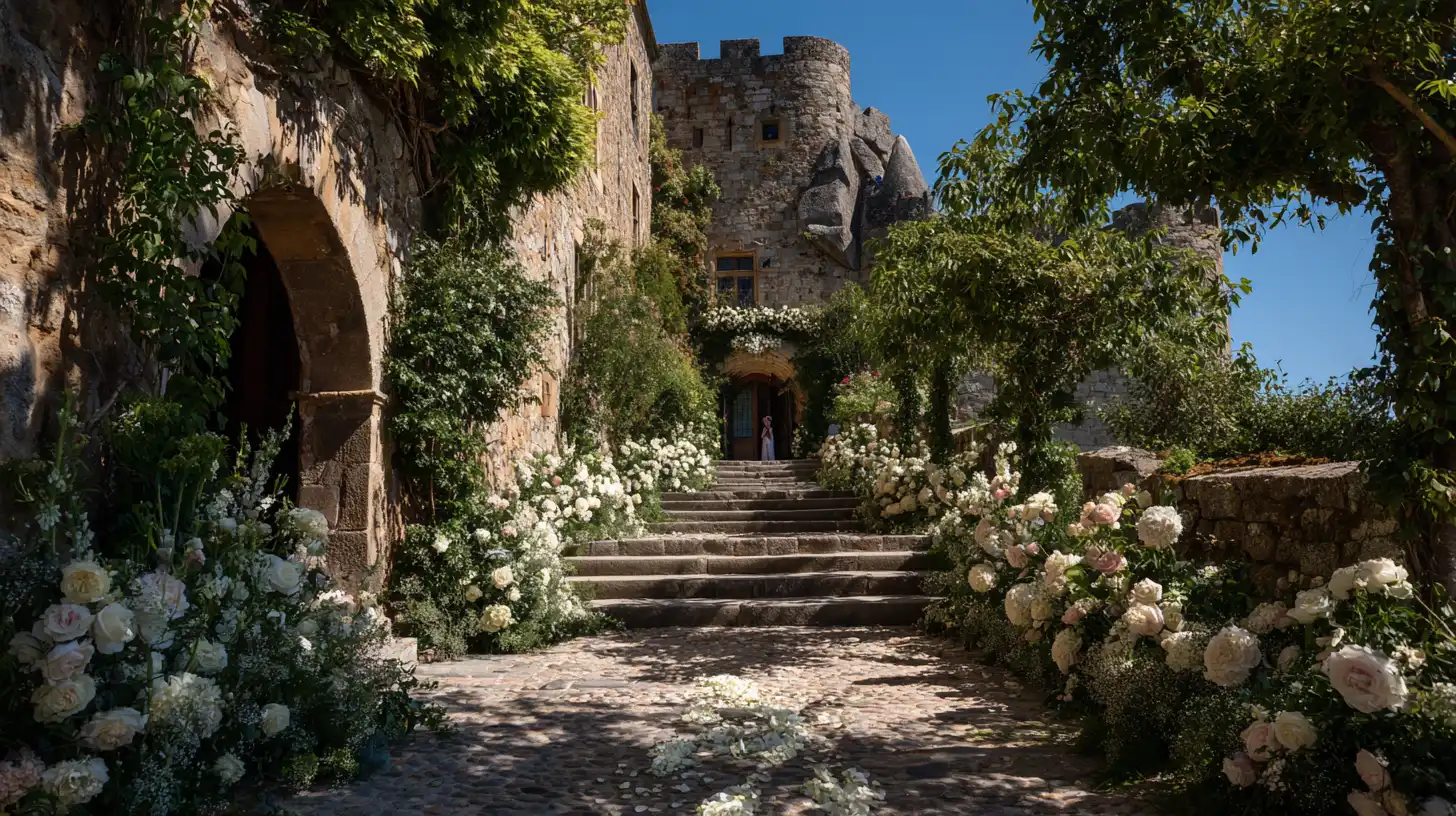 Façade majestueuse d'un château de l'Ain sous un ciel bleu, allée centrale fleurie menant à l'entrée, couple de mariés au loin sur les marches, lumière naturelle éclatante et ambiance de prestige