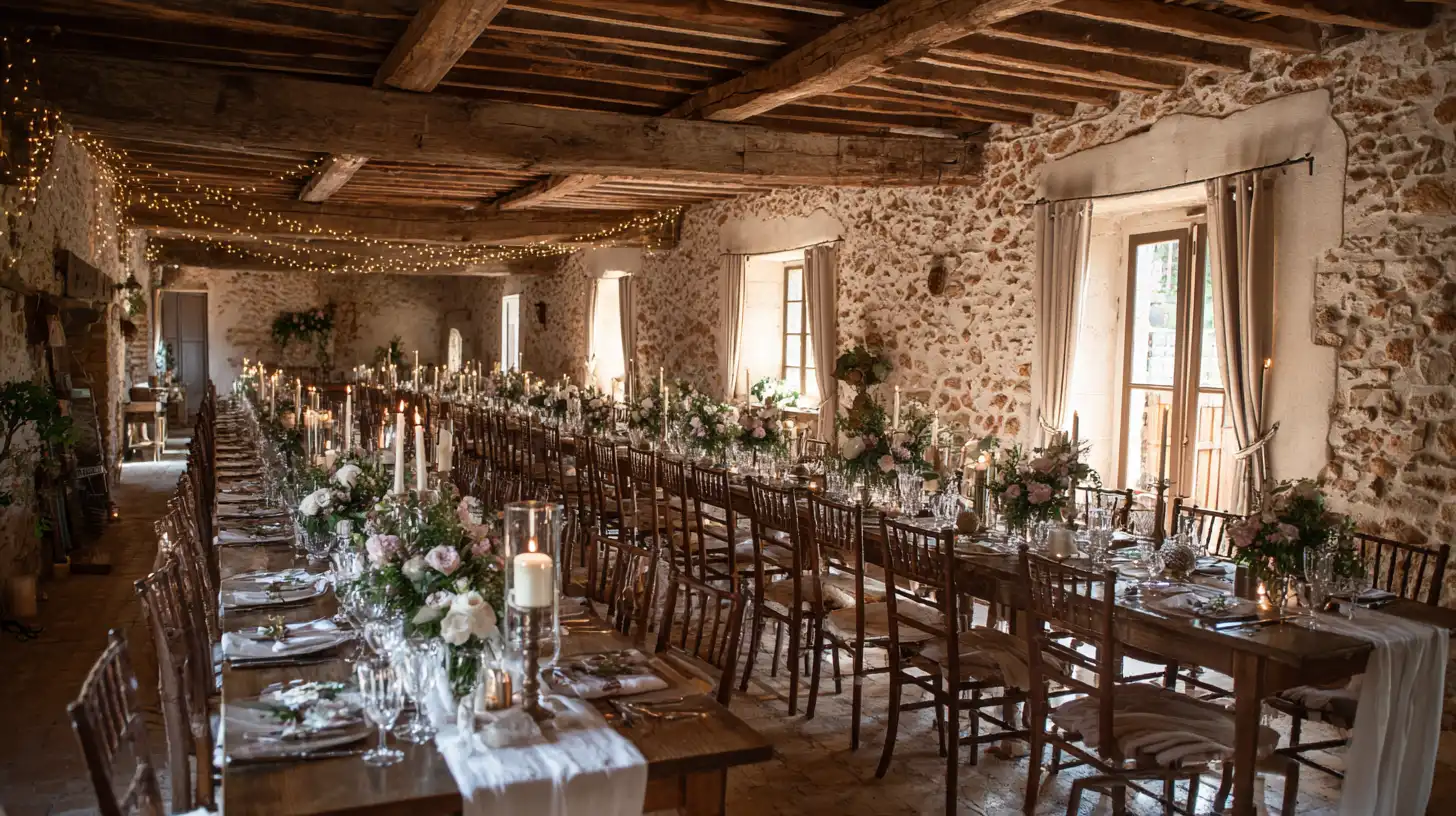 Intérieur d'une grange rénovée avec poutres apparentes et murs en pierres anciennes, longues tables rectangulaires fleuries, bougies et guirlandes lumineuses créant une ambiance tamisée et authentique