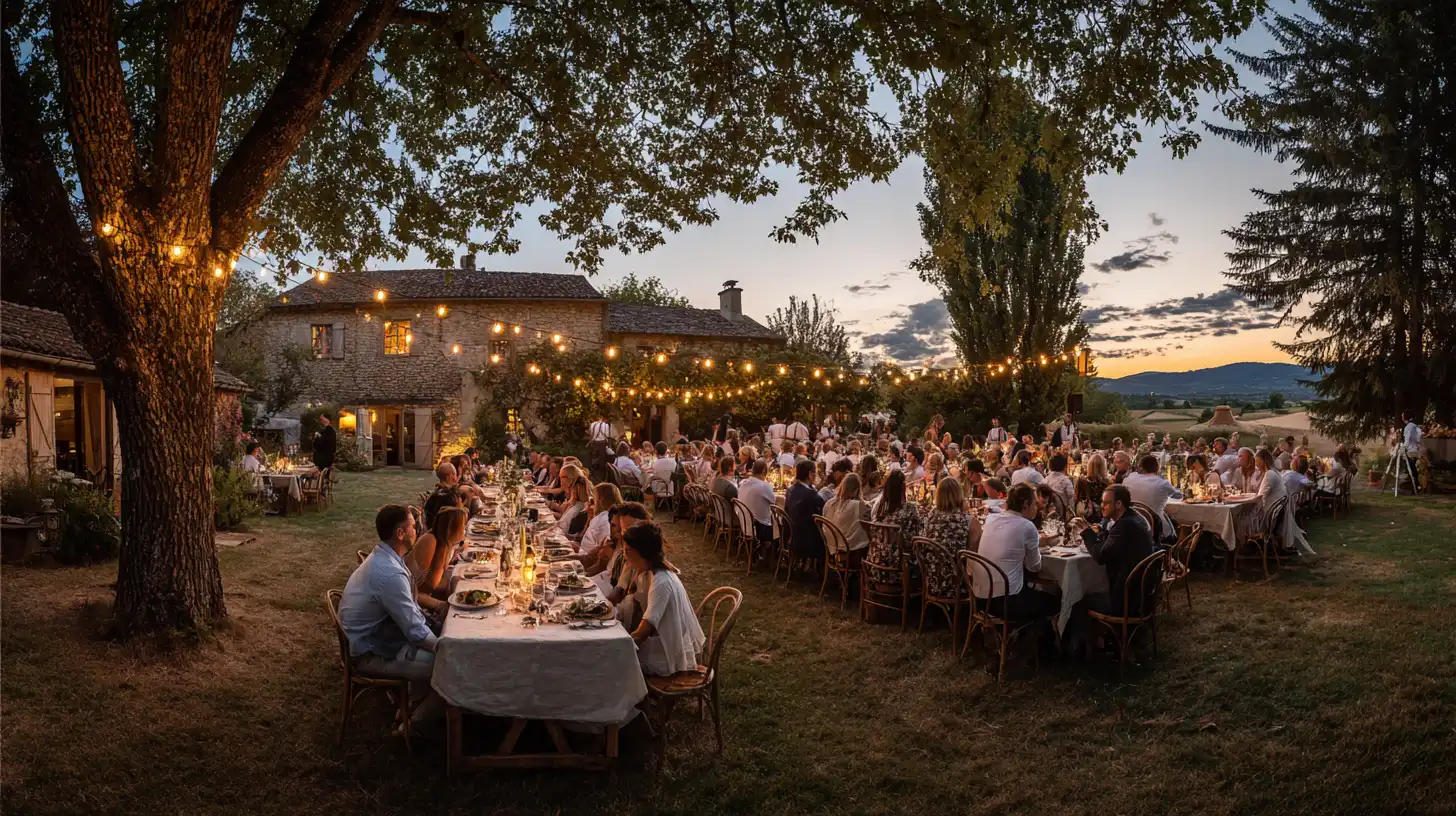 Vue panoramique d'un domaine rural en Rhône-Alpes au coucher du soleil, tables de mariage dressées en extérieur sous des guirlandes lumineuses, invités élégants lors d'un cocktail champêtre, lumière dorée et festive