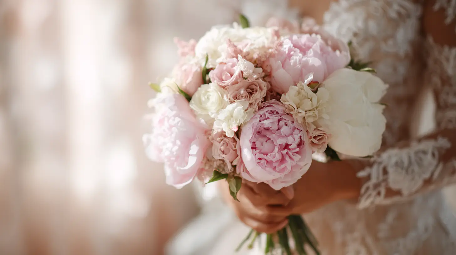 Mariée tenant un bouquet de pivoines roses et blanches, robe en dentelle ivoire, gros plan sur les mains et le bouquet, lumière naturelle douce et romantique, ambiance élégante et délicate, format 16:9