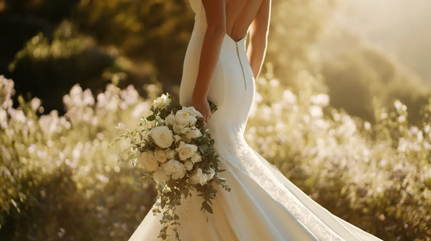 Mariée de dos en robe sirène tenant un bouquet cascade de roses blanches et eucalyptus, décor naturel et lumineux, lumière dorée de fin d'après-midi, style romantique et sophistiqué, format 16:9
