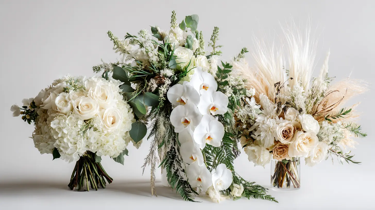 Collection de bouquets de mariée variés côte à côte — rond classique blanc, cascade avec feuillages, champêtre déstructuré aux tons naturels — sur fond épuré et lumineux, style élégant et raffiné, format 16:9