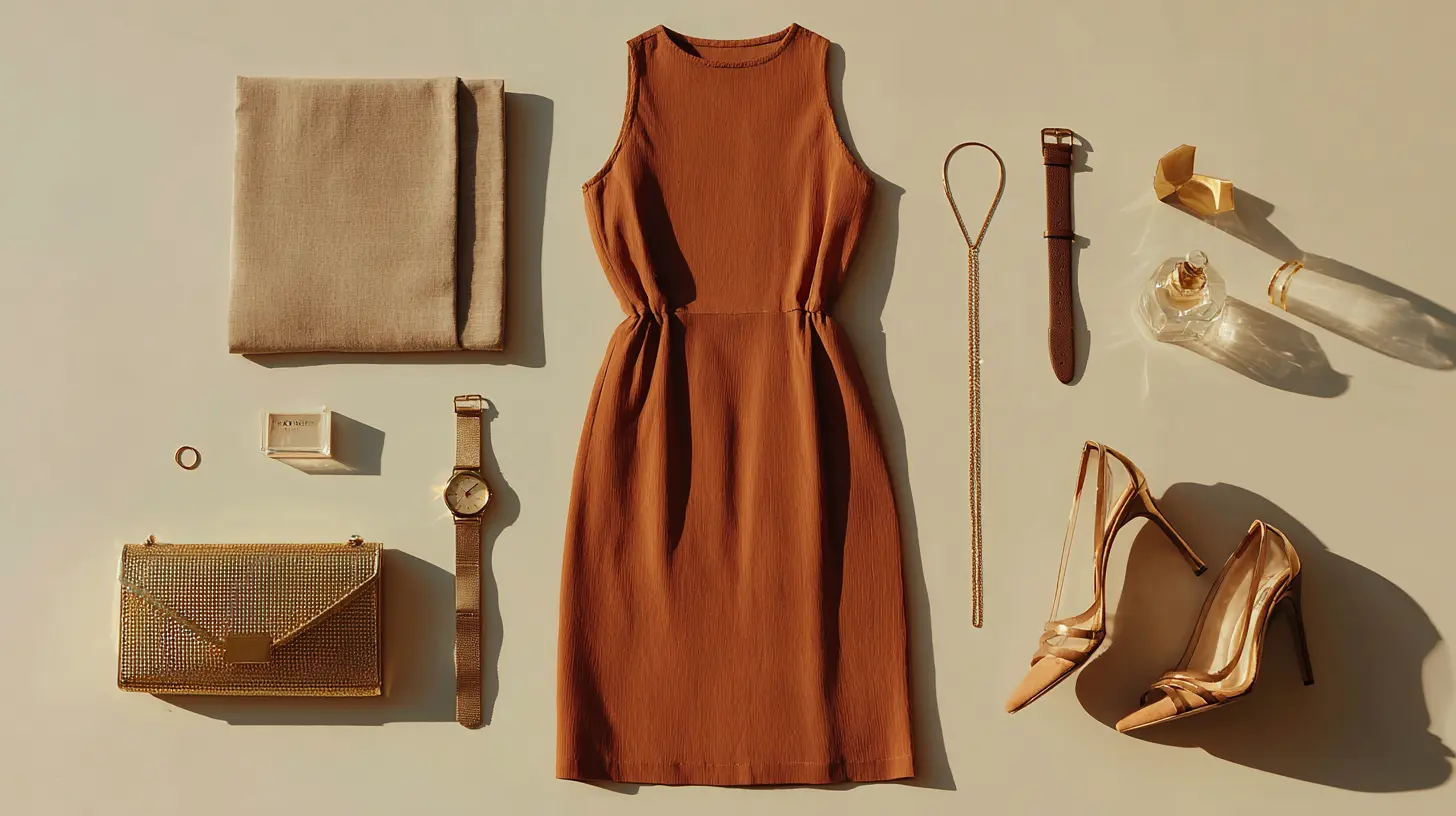 Flatlay de tenues d'invitées soigneusement disposées — robe midi terracotta, pochette dorée, escarpins nude, bijoux discrets — fond neutre et lumineux, style élégant et épuré, format 16:9