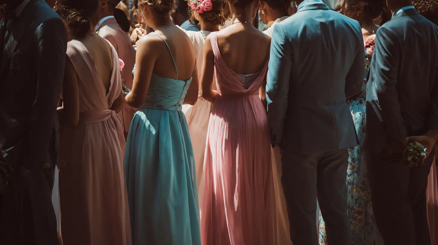 Groupe d'invitées élégantes à un mariage en extérieur, tenues de cérémonie dans des coloris variés — rose poudré, bleu ciel, vert d'eau — ambiance lumineuse et festive, éclairage naturel, style élégant et raffiné, format 16:9