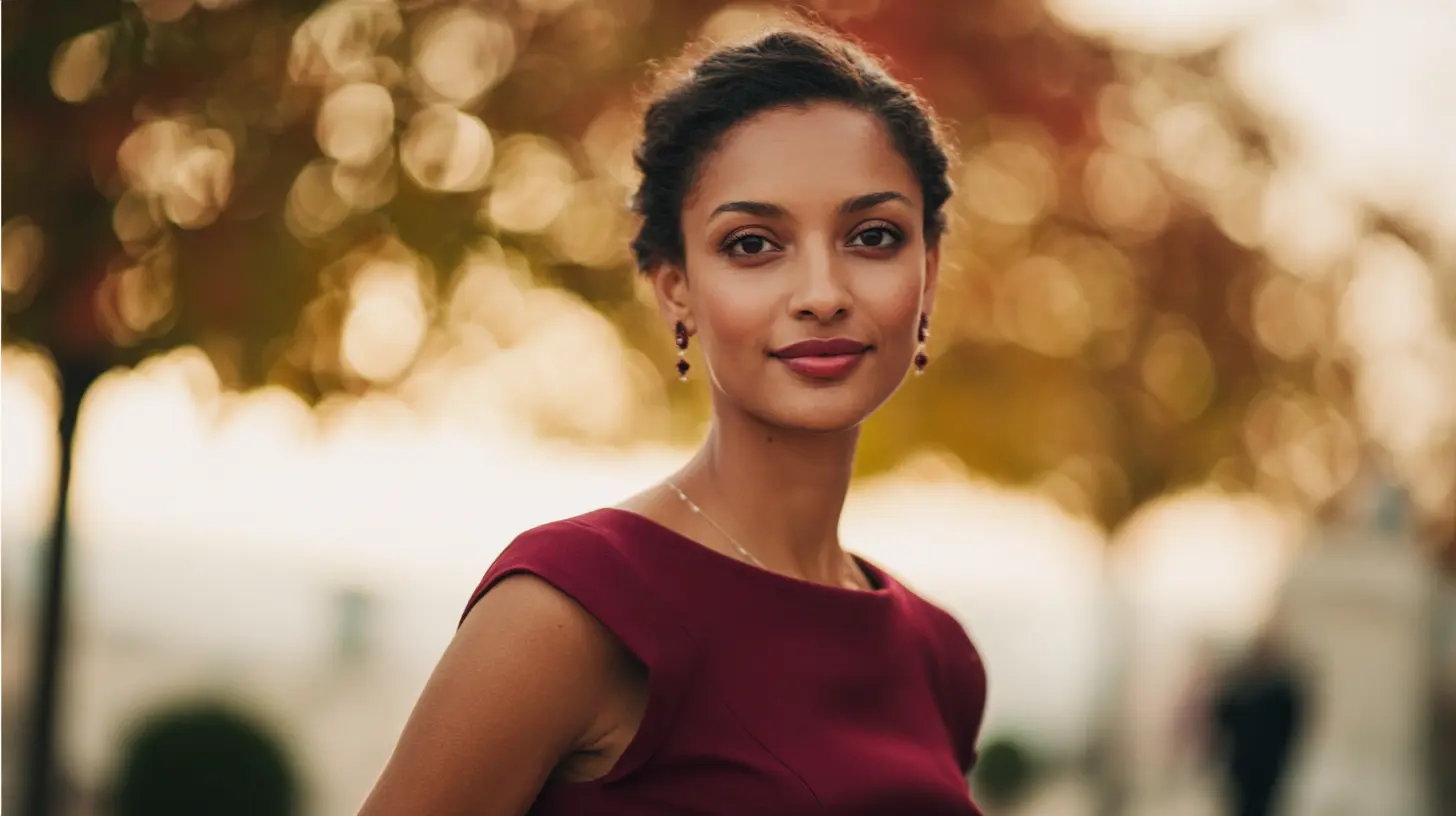 Invitée en robe de cocktail bordeaux à un mariage d'automne, accessoires discrets, coiffure soignée, ambiance chaleureuse et intimiste, éclairage doux, style chic et sophistiqué, format 16:9