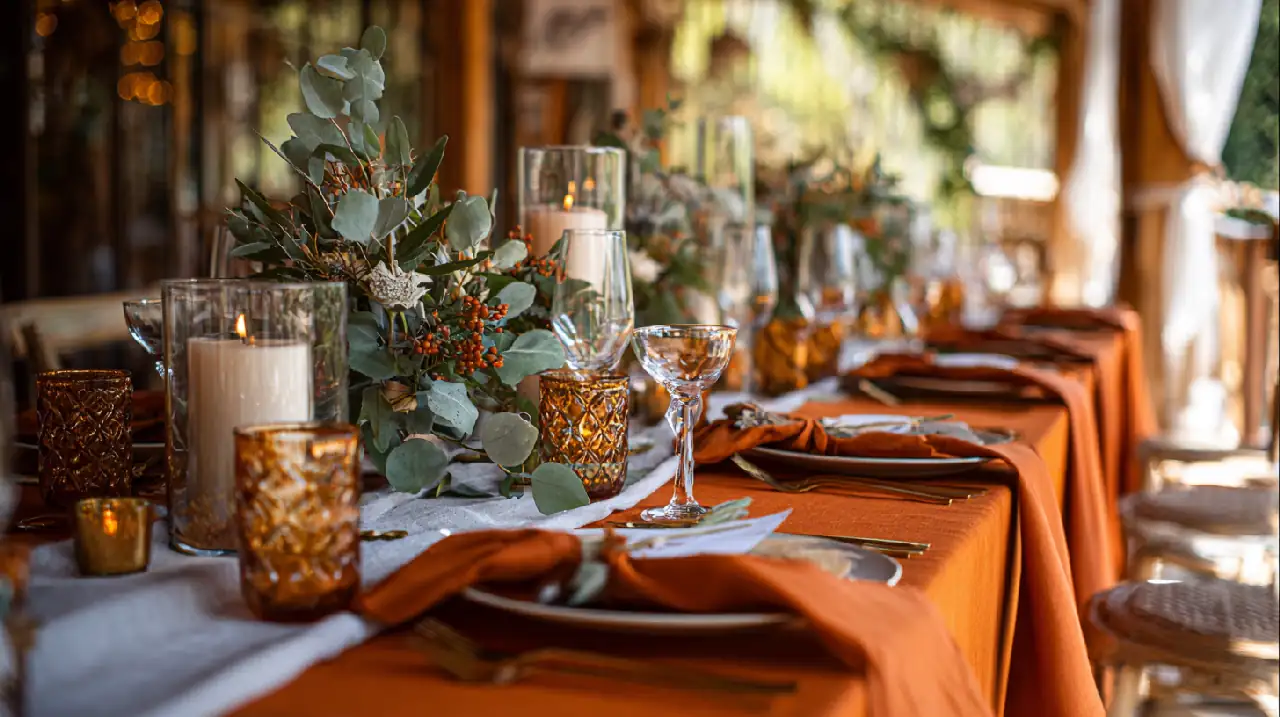 Photo professionnelle d'une table de mariage élégamment décorée avec une palette de couleurs harmonieuse terracotta et vert sauge, centre de table avec fleurs naturelles et bougies, nappes en lin, détails dorés, ambiance lumineuse et romantique, éclairage naturel doux, style raffiné et contemporain, format 16:9