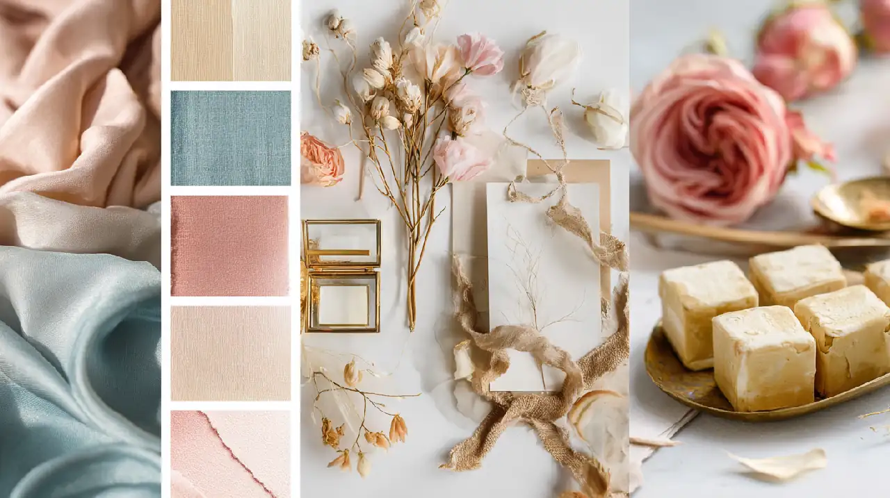 Moodboard de mariage présentant différentes palettes de couleurs, échantillons de tissus pastel rose poudré et bleu glacier, rubans, fleurs séchées, papeterie élégante, accessoires dorés disposés harmonieusement sur fond blanc, éclairage professionnel, style inspirationnel et créatif, format 16:9
