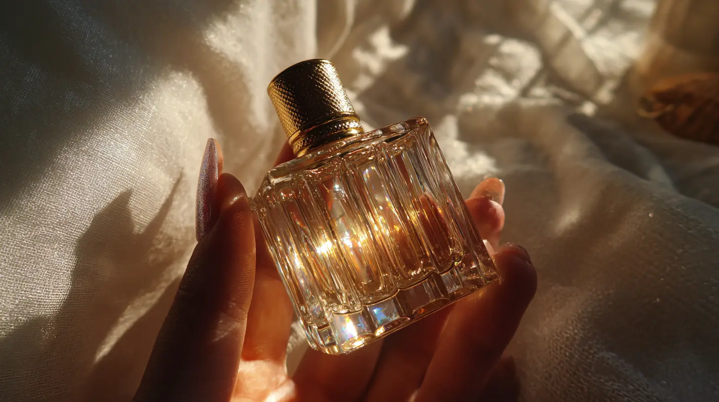 Gros plan macro sur le bouchon doré d'un flacon de parfum de luxe tenu dans une main féminine aux ongles nacrés, fond légèrement flou aux teintes crème et champagne, lumière naturelle rasante créant un reflet doré sur le verre, ambiance intime et précieuse, style éditorial beauté haut de gamme, format 16:9