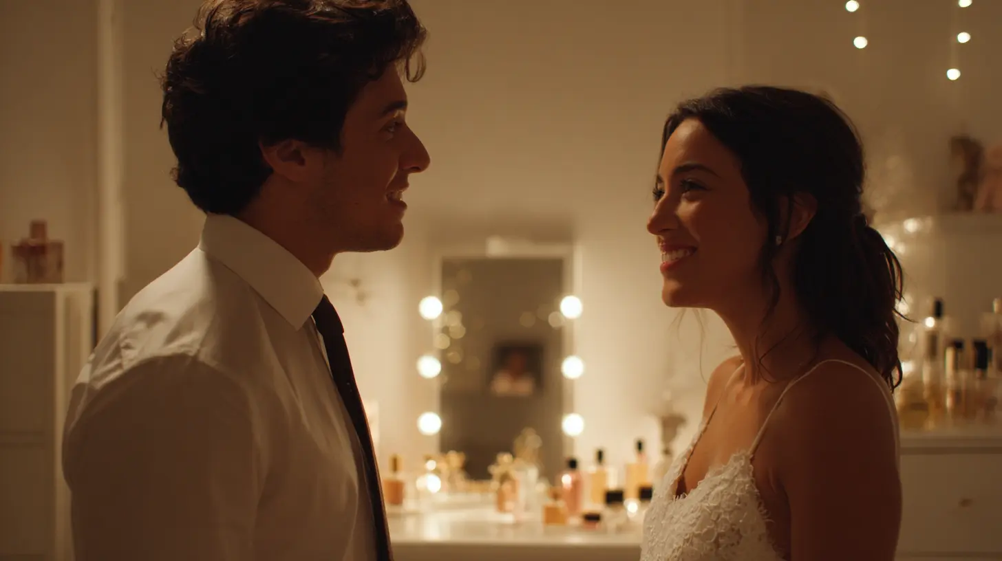 Couple de futurs mariés face à face, souriant, dans un boudoir lumineux aux murs blancs, flacons de parfum visibles sur une coiffeuse en arrière-plan, éclairage chaud et doux, atmosphère complice et intime, style reportage lifestyle mariage, format 16:9