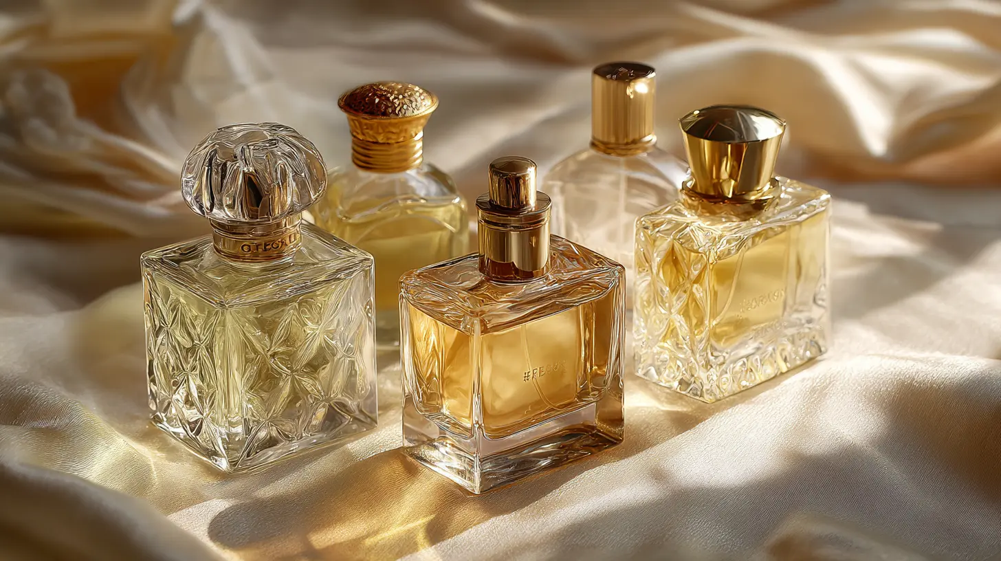 Gros plan élégant sur plusieurs flacons de parfum de luxe disposés sur un tissu de soie blanc cassé, éclairage naturel doux et lumineux, reflets dorés, ambiance raffinée et féminine, style photographie produit haut de gamme, format 16:9