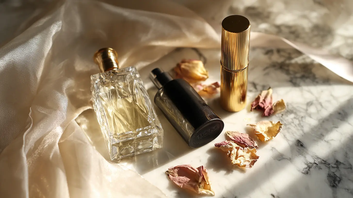Flatlay élégant de trois flacons de parfum de styles différents — un flacon taillé en cristal biseauté, un flacon cylindrique doré et un flacon noir mat — posés sur du marbre blanc veiné, avec quelques pétales de rose séchés et un ruban de satin ivoire, éclairage studio doux et lumineux, ombres légères, ambiance luxe et raffinement, style photographie produit haut de gamme, format 16:9