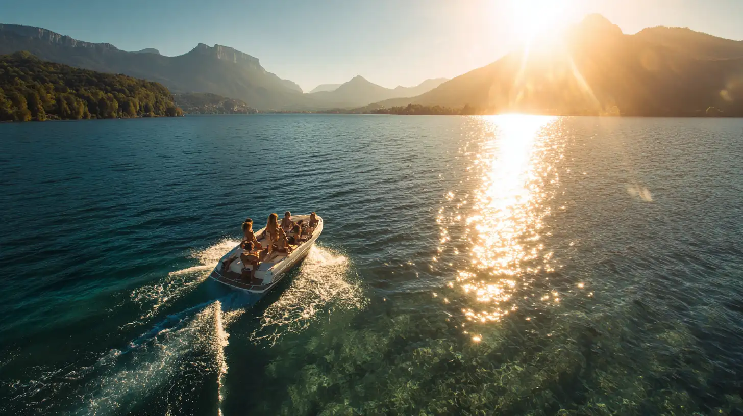 Photo aérienne d'un groupe d'amis en bateau sur le lac d'Annecy, ambiance joyeuse et estivale, lumière dorée en fin d'après-midi, eaux cristallines et montagnes en arrière-plan, style photographie lifestyle