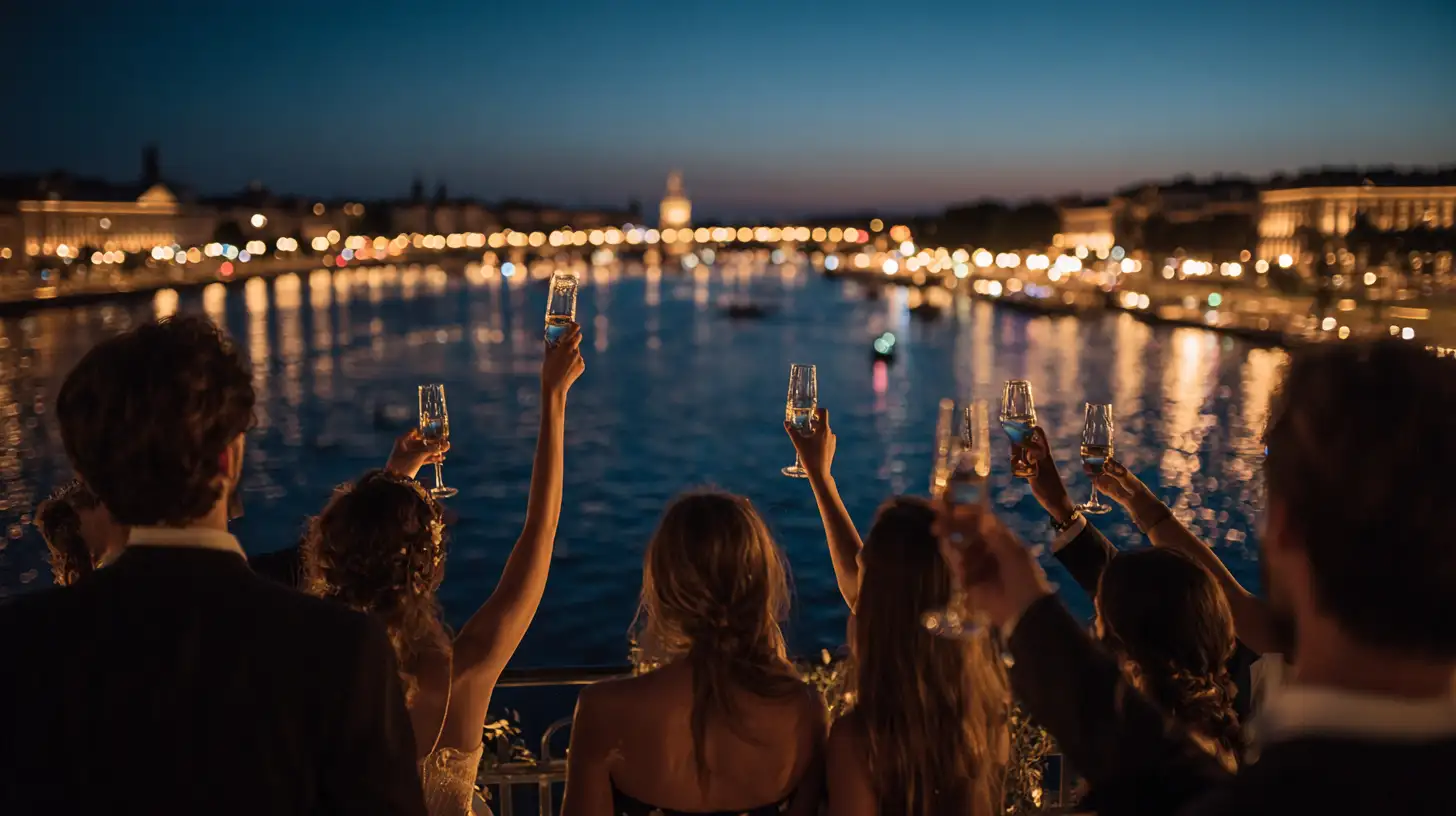 Vue panoramique sur les quais de Bordeaux illuminés en soirée, groupe de jeunes adultes en tenue élégante levant leurs verres en terrasse avec la Garonne en fond, ambiance festive et chaleureuse
