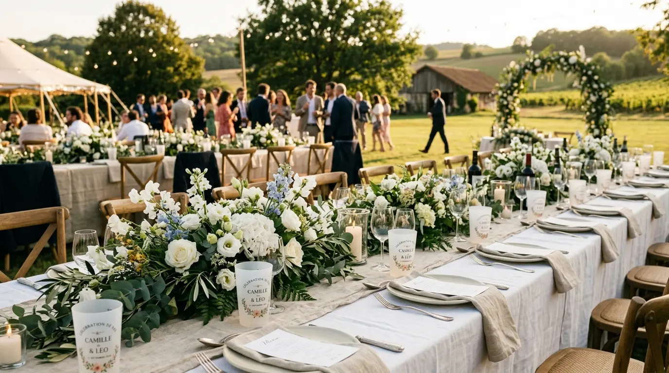 Photo éditoriale horizontale 16/9, réception de mariage champêtre chic en extérieur, longue table dressée avec nappes en lin, fleurs blanches et feuillage, gobelets personnalisés réutilisables disposés devant chaque assiette, ambiance conviviale et durable, quelques invités flous en arrière-plan, lumière dorée de fin de journée, atmosphère élégante, naturelle et authentique, photographie lifestyle haut de gamme, couleurs douces, composition équilibrée