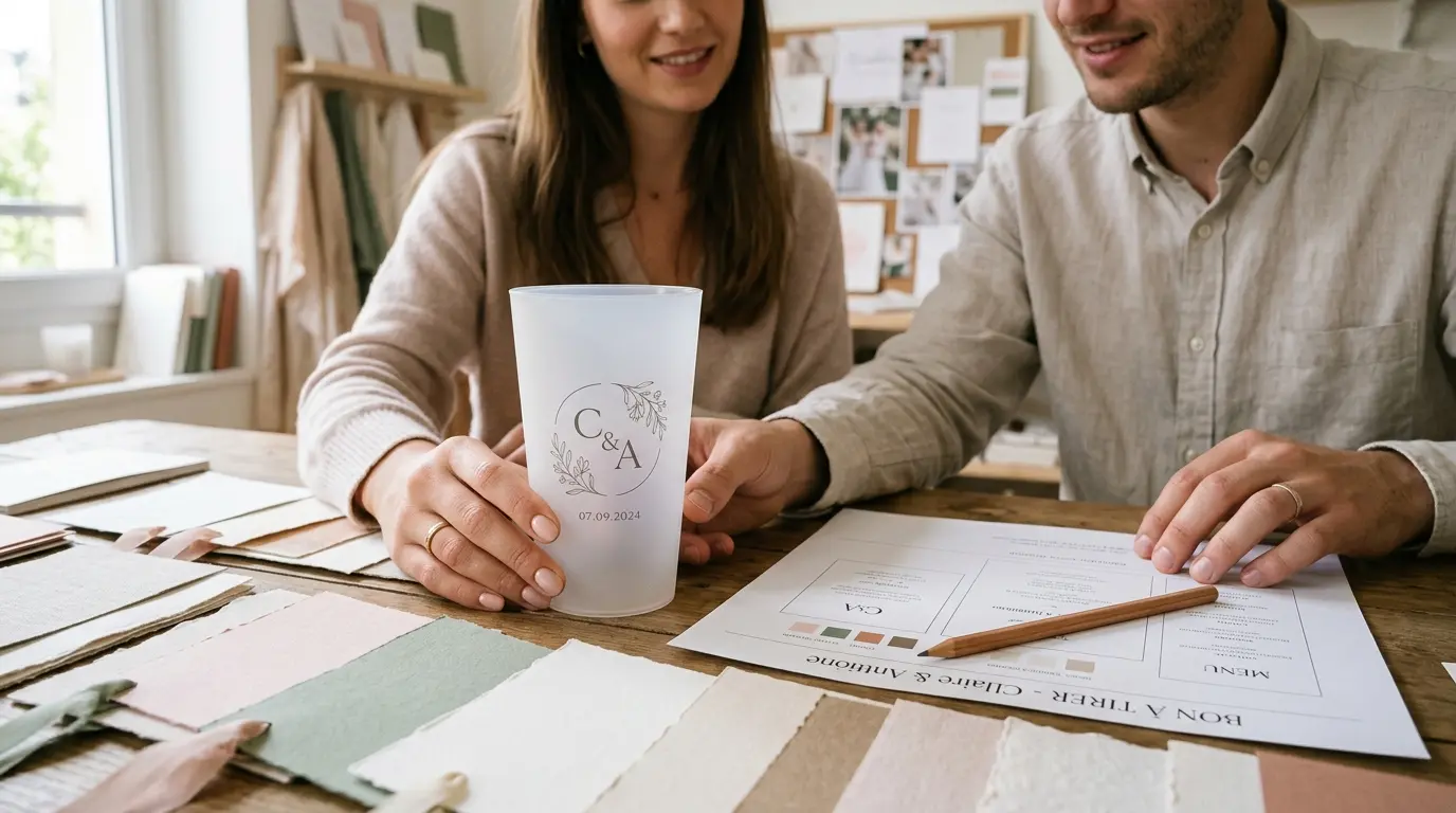 Photo éditoriale 16/9, gros plan raffiné sur un couple de futurs mariés observant un prototype de gobelet personnalisé translucide, posé près d’un bon à tirer imprimé, crayon, échantillons de papier, palette de couleurs rose poudré, sauge et ivoire, ambiance atelier créatif de mariage, lumière douce venant d’une fenêtre, rendu premium, détails nets sur le gobelet, arrière-plan flou, style reportage éditorial moderne