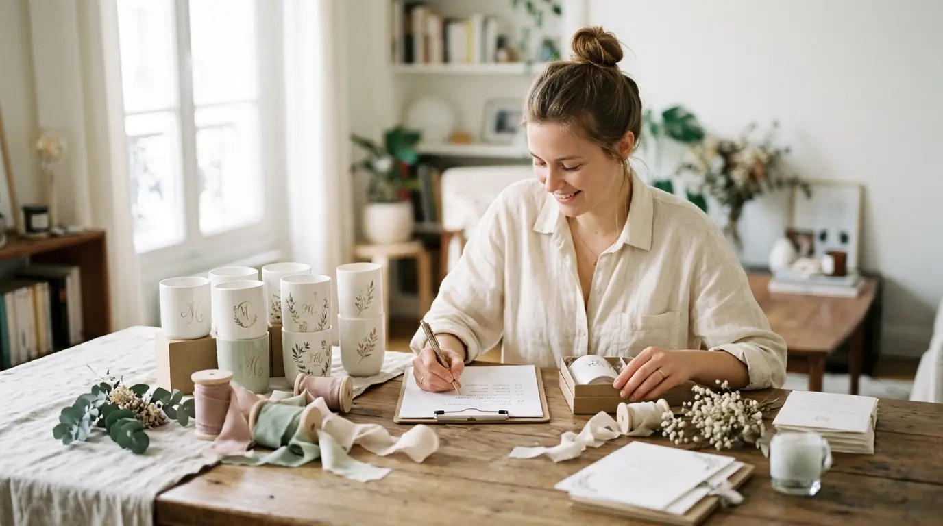 Photo éditoriale 16/9, scène réaliste de préparation de mariage à la maison, cartons ouverts contenant des lots de gobelets personnalisés soigneusement empilés, une future mariée compte les exemplaires avec une checklist, détails de décoration de mariage autour, rubans, fleurs séchées, faire-part, ambiance organisée mais chaleureuse, lumière naturelle, style magazine mariage, tons neutres et pastel, impression de sérénité et d’anticipation réussie