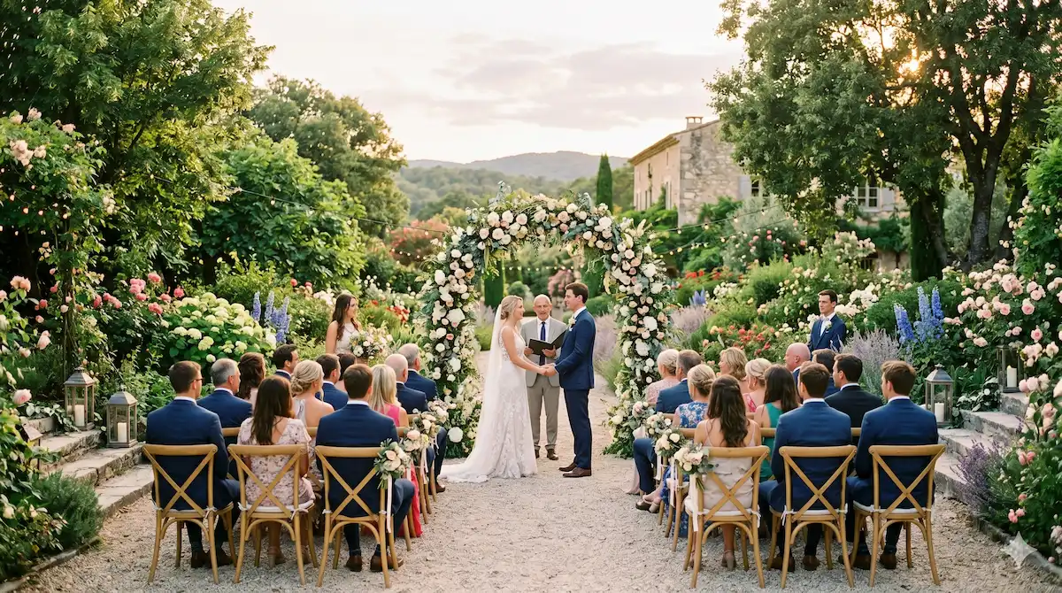 Photo professionnelle d'une cérémonie laïque en extérieur avec des invités face à une arche florale, ambiance conviviale et chaleureuse, éclairage naturel d'après-midi, style champêtre chic, format 16:9