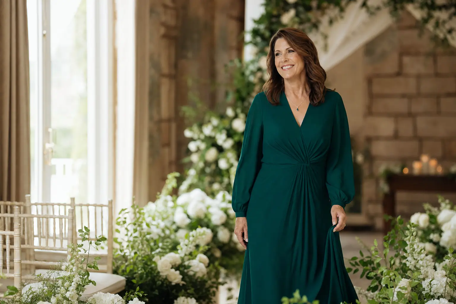 Photo professionnelle d'une femme d'environ 50 ans en robe longue vert émeraude fluide, accessoirisée d'un collier délicat, souriant dans le cadre d'une cérémonie de mariage en intérieur élégant, éclairage naturel chaud venant d'une fenêtre, ambiance raffinée et chaleureuse, style éditorial, format 16:9