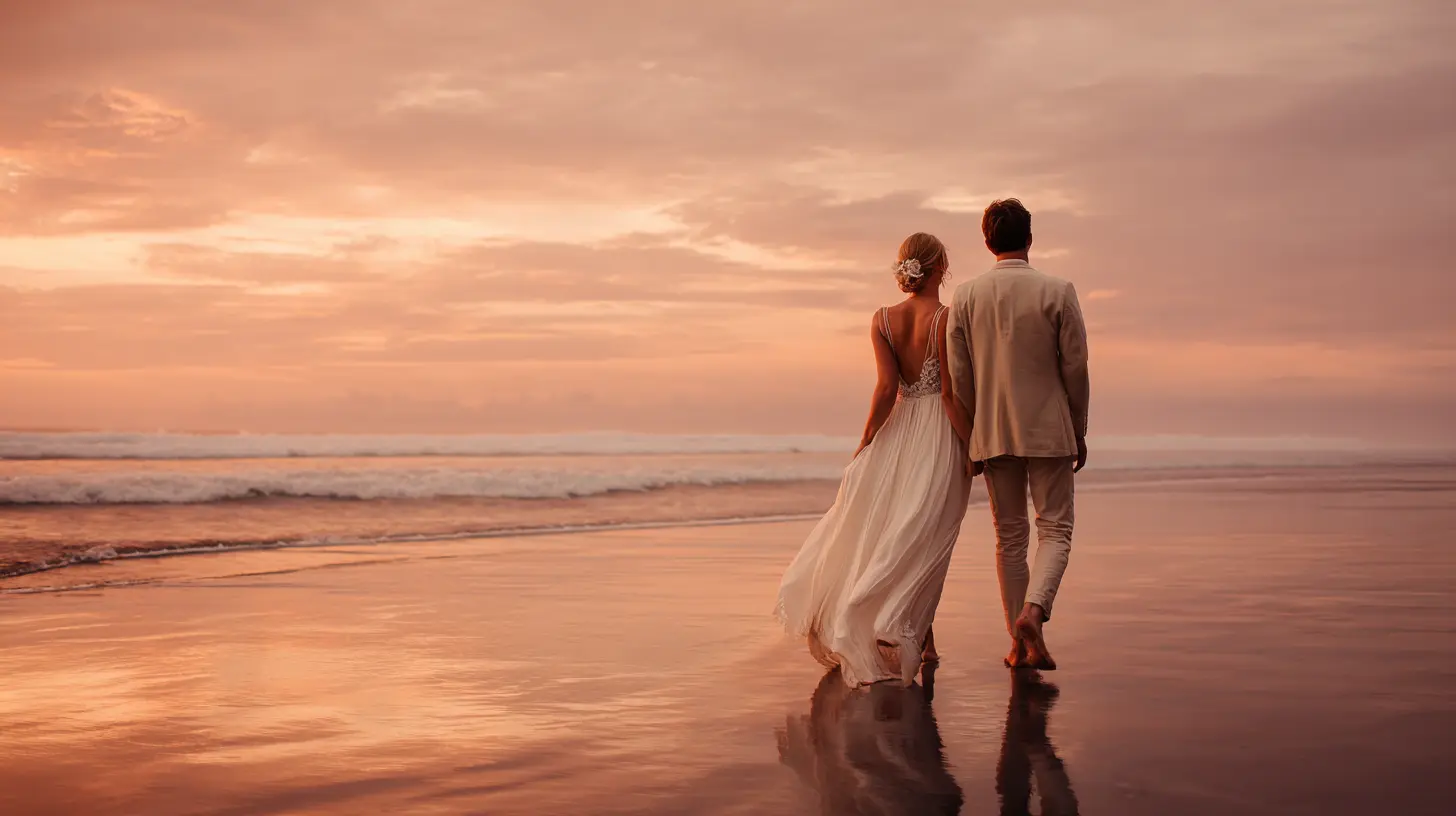 Photo professionnelle d'un couple de mariés sur une plage de Bali au coucher du soleil, ciel aux teintes orangées et roses, mariée en robe fluide blanche, marié en costume léger beige, vagues douces en arrière-plan, ambiance romantique et onirique, éclairage naturel doré, style élégant et éthéré, format 16:9