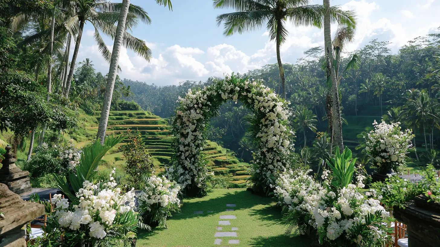 Vue panoramique d'une cérémonie de mariage en plein air dans une villa balinaise avec vue sur les rizières en terrasses d'Ubud, arche florale tropicale avec fleurs blanches et feuillages verts, décoration élégante et épurée, ciel bleu lumineux, ambiance sereine et luxueuse, éclairage naturel, style haut de gamme et destination wedding, format 16:9
