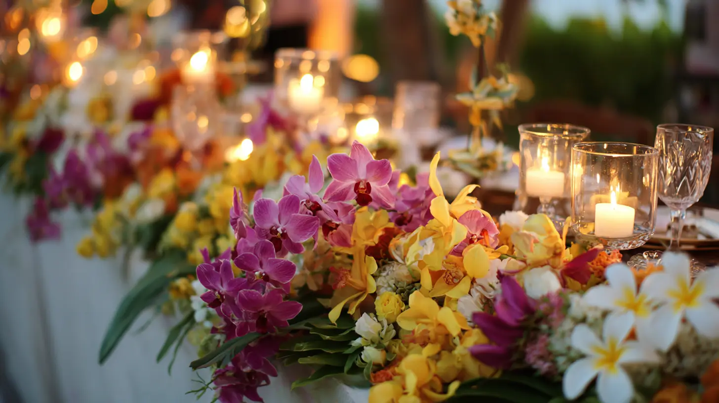 Détail décoratif d'une table de réception de mariage à Bali avec fleurs tropicales frangipanier et orchidées, vaisselle raffinée, bougies allumées, végétation luxuriante en arrière-plan flou, ambiance chaleureuse et romantique, éclairage doux de fin de journée, style bohème chic et tropical, format 16:9